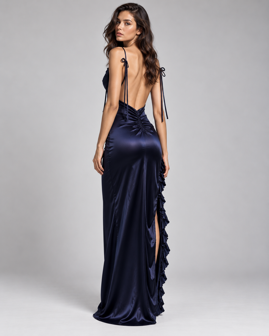 Femme portant la Robe Nina bleu marine satinée, vue de dos, avec dos largement dégagé, fines bretelles à nouer, coupe longue ajustée et volants le long de la fente, pour une silhouette élégante et glamour