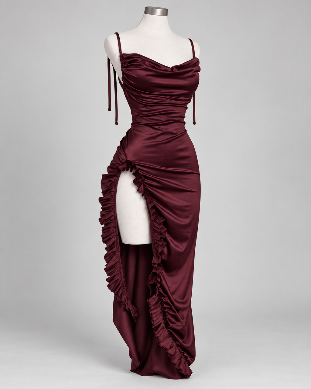 Robe Nina bordeaux satinée présentée sur mannequin, vue de face, avec fines bretelles, encolure drapée, coupe longue ajustée et fente haute bordée de volants