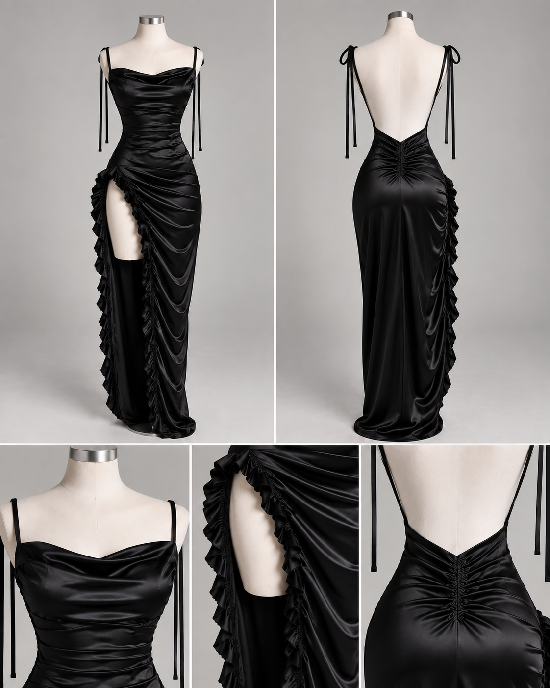 Montage de la Robe Nina noire satinée sur mannequin, avec vues de face et de dos montrant les fines bretelles, le dos nu plongeant, les fronces, la fente haute et les volants, dans un style sophistiqué et sensuel