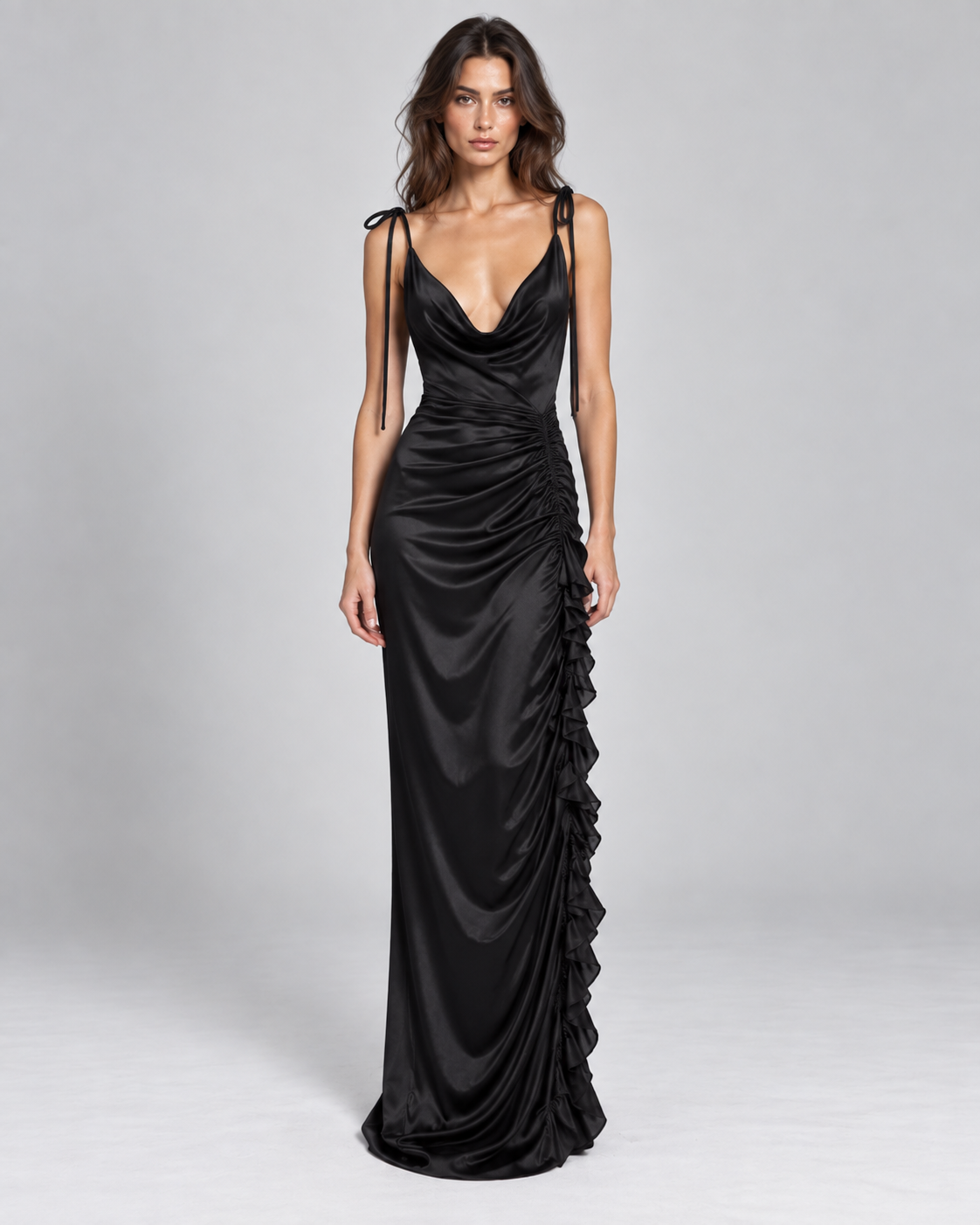 Femme portant la Robe Nina noire satinée, vue de face , avec fines bretelles nouées, décolleté drapé, coupe longue ajustée et détails à volants sur le côté, pour une allure élégante, glamour et féminine.